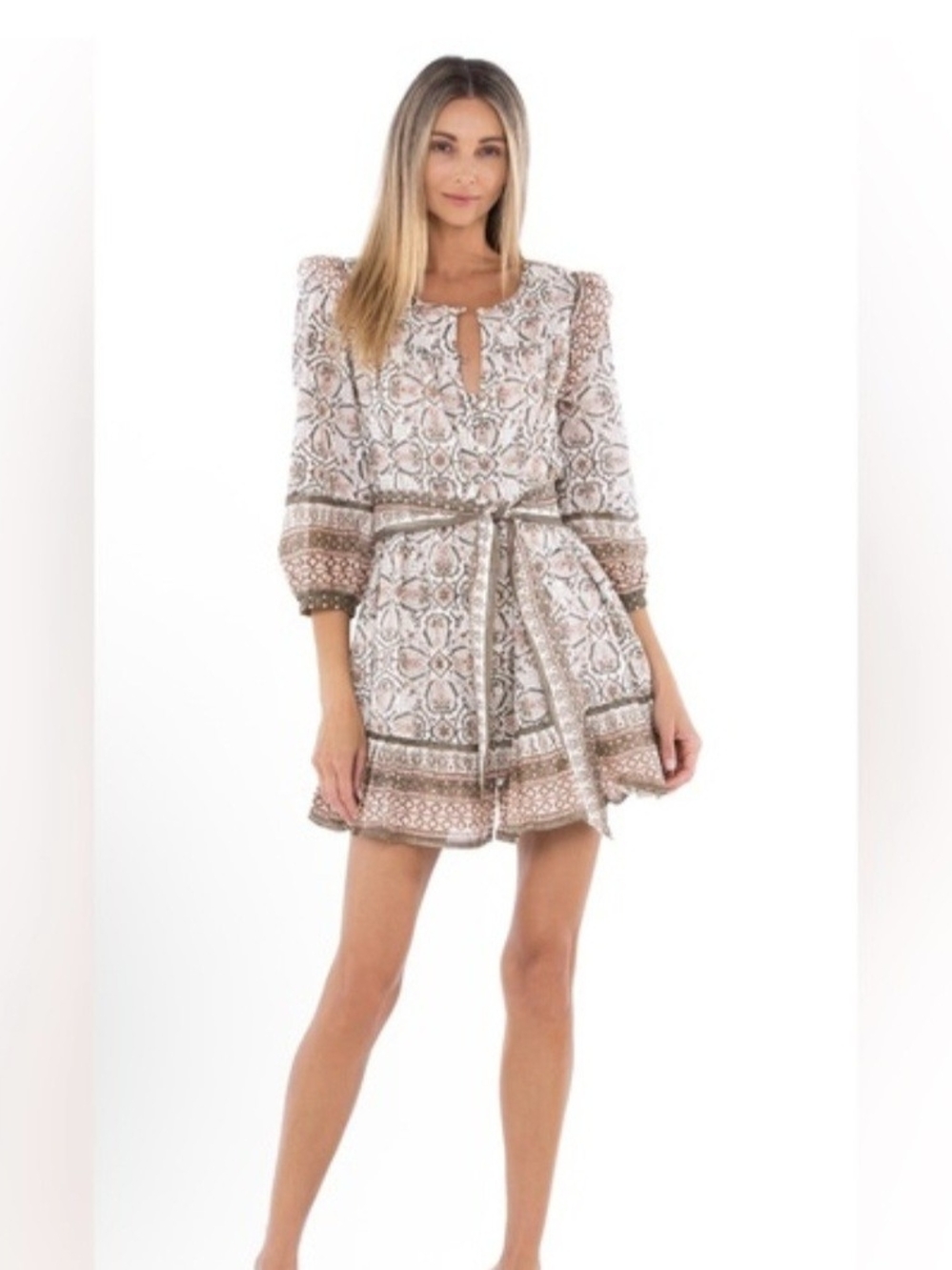 Cleobella Printed Mini Dress in Taupe and Cream